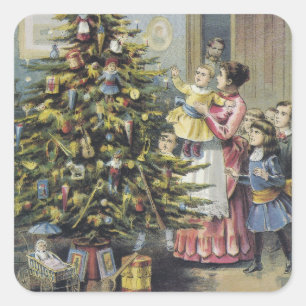 Sticker Carré Noël vintage, famille victorienne autour de l'arbr