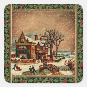 Sticker Carré Noël vintage hivernal joyeux rétro stylé