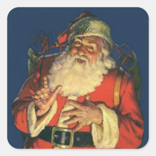 Sticker Carré Noël vintage, joyeux Père Noël avec des jouets