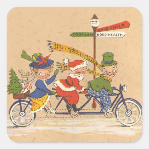 Sticker Carré Noël vintage, le Père Noël à bicyclette