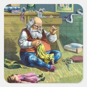 Sticker Carré Noël vintage, le Père Noël fabriquant des poupées