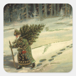 Sticker Carré Noël vintage, le Père Noël portant un arbre