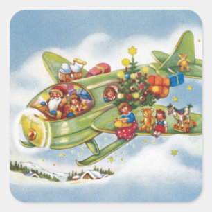 Sticker Carré Noël vintage, le Père Noël vole un avion