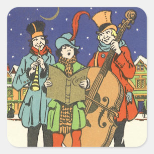 Sticker Carré Noël vintage, musiciens chantant des chants avec d