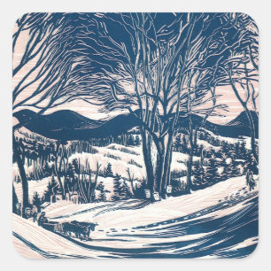 Sticker Carré Noël vintage, paysage de montagne enneigée en hive