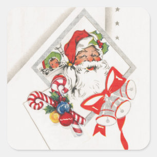 Sticker Carré Noël vintage, Père Noël avec Canneberges