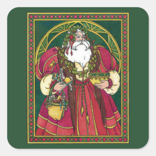 Sticker Carré Noël Vintage, Père Noël avec Feuilles Holly