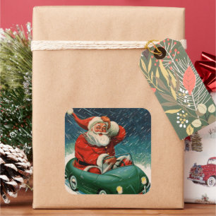 Sticker Carré Noël vintage, Père Noël dans une voiture mignonne