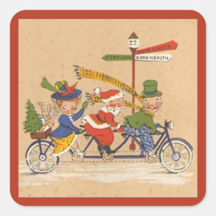 Sticker Carré Noël vintage, Père Noël victorien à vélo