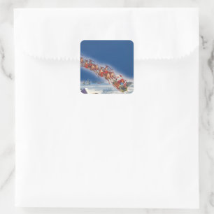 Sticker Carré Noël vintage, Père Noël volant avec son traîneau e