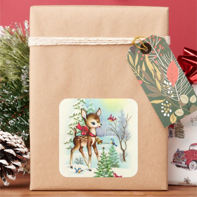 Sticker Carré Noël vintage rétro Cerf de Noël (vacances)