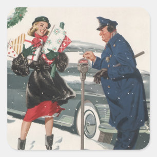 Sticker Carré Noël Vintage, Shopping Présente Policeman