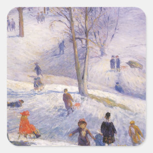 Sticker Carré Noël vintage, traîneau, Central Park Glackens