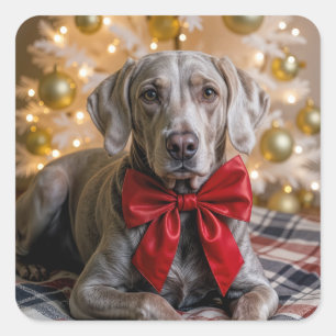 Sticker Carré Noël Weimaraner Chien Avec Nœud Rouge