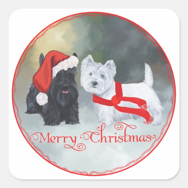 Sticker Carré Noël Westie Scottie (Devant)