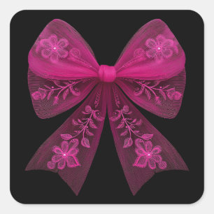 Sticker Carré Nœud élégant rose chaud avec motif de dentelle flo