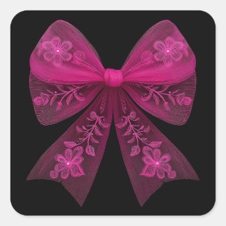 Sticker Carré Nœud élégant rose chaud avec motif de dentelle flo