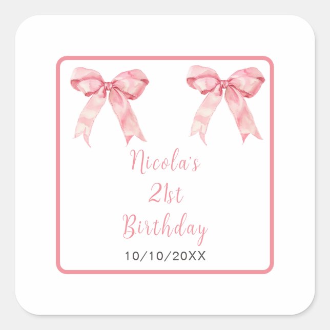 Sticker Carré Nœud Papillon Coquette Rose Fête d'Anniversaire (Devant)