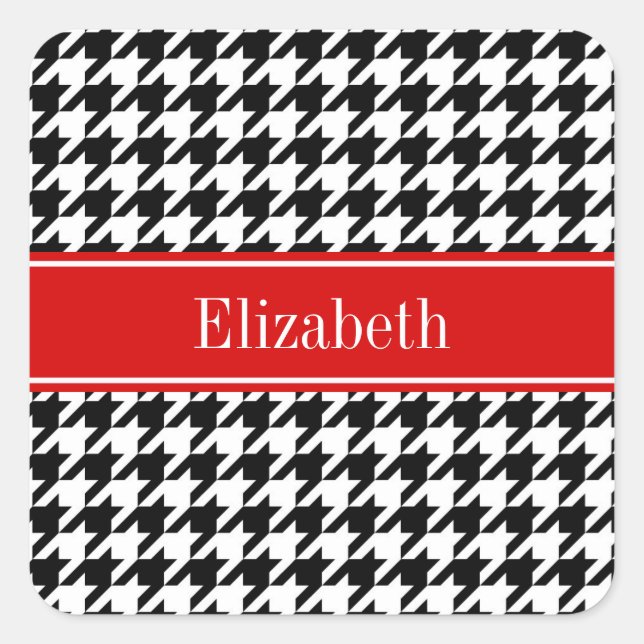 Sticker Carré Noir Blanc Houndstooth Nom rouge Monogramme (Devant)