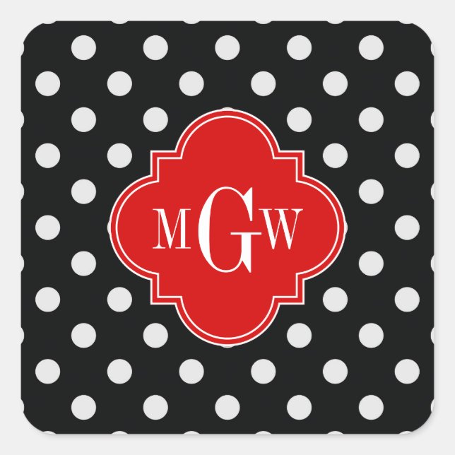 Sticker Carré Noir Blanc Points Rouges Quatrefeuilles 3 Monogram (Devant)
