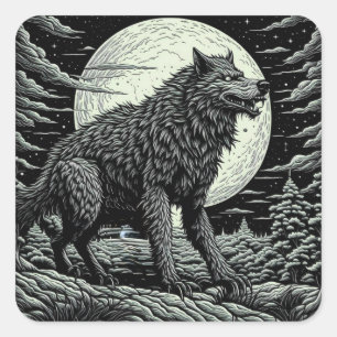 Sticker Carré Noir et blanc Vintage Werewolf Ai Art
