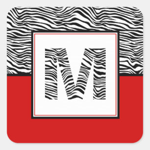Sticker Carré Noir et blanc Zèbre Imprimer Monogramme Rouge