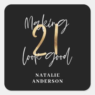 Sticker Carré Noir et or 21e anniversaire script moderne design