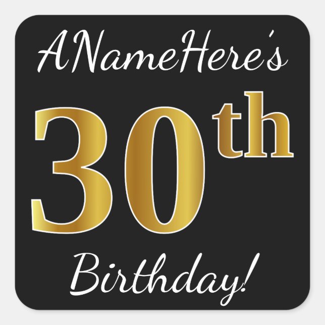 Sticker Carré Noir, Faux Gold 30e anniversaire + Nom personnalis (Devant)