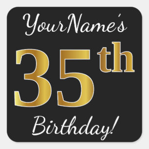 Sticker Carré Noir, Faux Gold 35e anniversaire + Nom personnalis