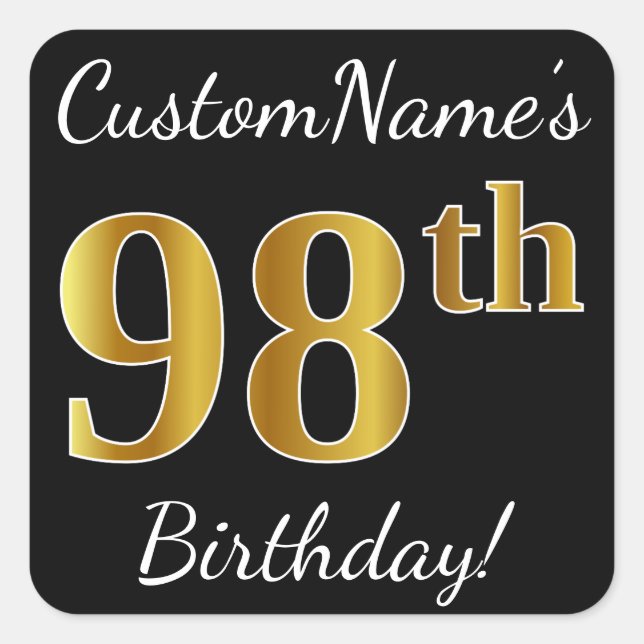 Sticker Carré Noir, Faux Gold 98e anniversaire + Nom personnalis (Devant)