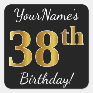 Sticker Carré Noir, Faux Or 38ème anniversaire + Nom personnalis