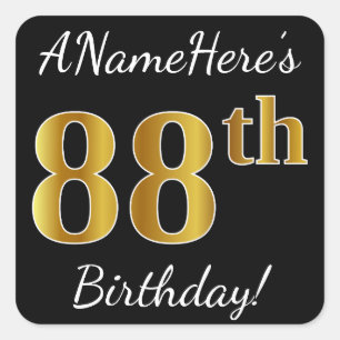Sticker Carré Noir, Faux Or 88e anniversaire + Nom personnalisé