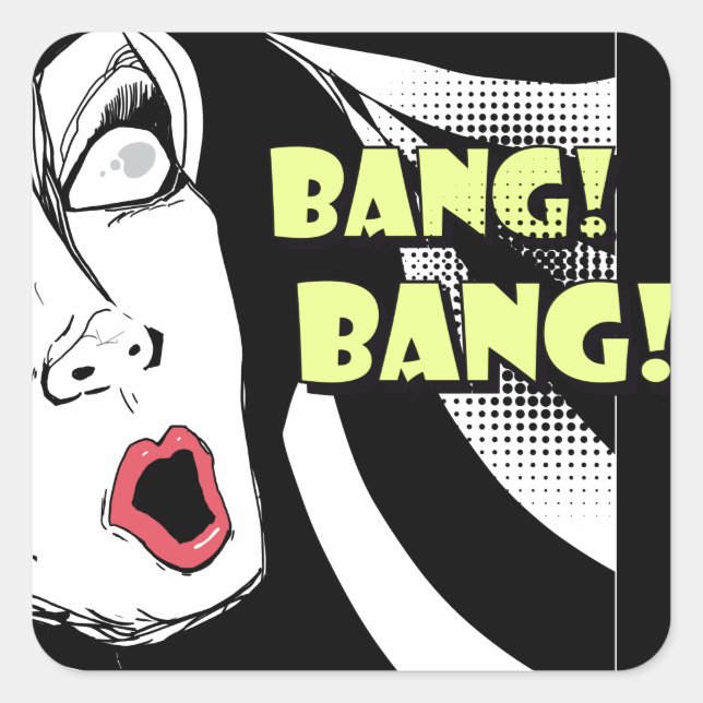 Sticker Carré Noir femme effrayée style comique - bang bang (Devant)