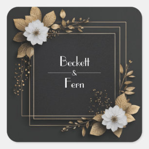 Sticker Carré Noir Or Feuille Floral Carré Géométrique Mariage
