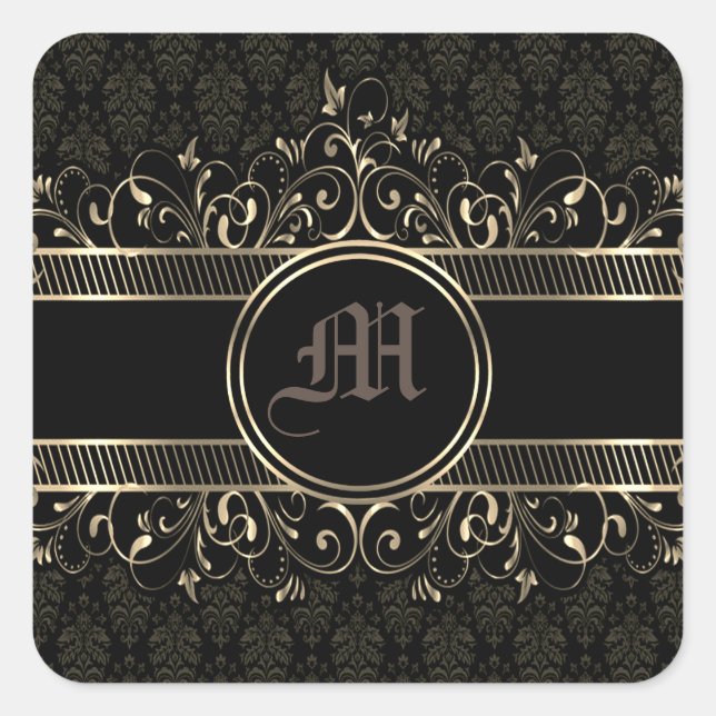 Sticker Carré Noir & Or Ornate Gothique Monogramme (Devant)