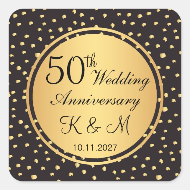 Sticker Carré Noir & or pois 50e anniversaire mariage (Devant)