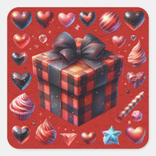 Sticker Carré Noir Rouge Plaid Valentine Coeurs et sucreries