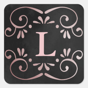 Sticker Carré Noir soie rose or faux feuille fleurir monogramme