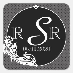Sticker Carré Noir sur noir Polka Mariage Monogramme