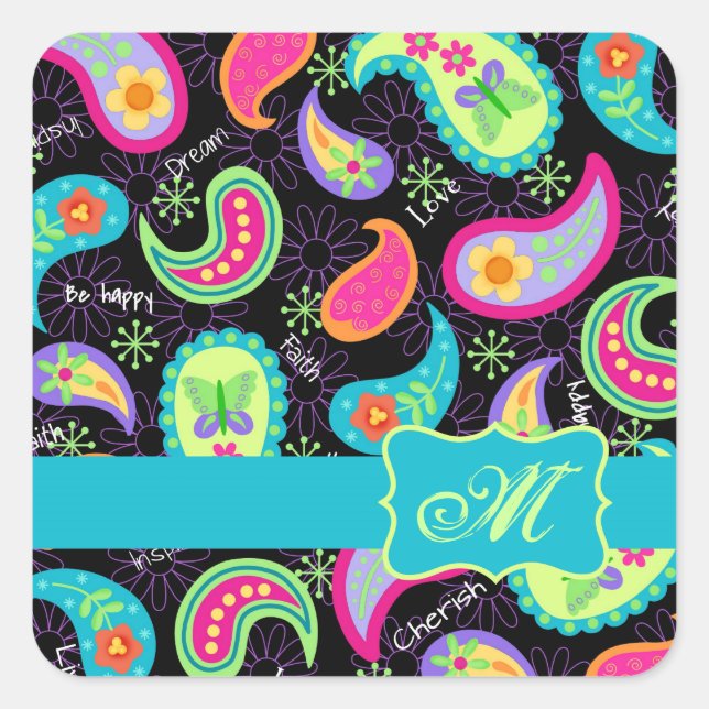 Sticker Carré Noir Turquoise Moderne Paisley Motif Monogramme (Devant)