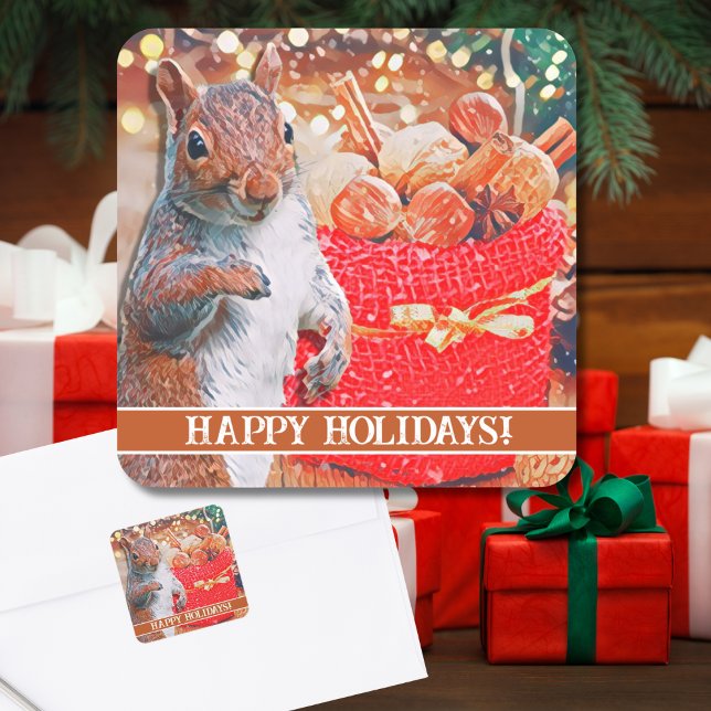 Sticker Carré Noix de Noël d'écureuil mignonnes (A cute squirrel in front of the Christmas tree makes for a sweet custom sticker for holiday cards!)
