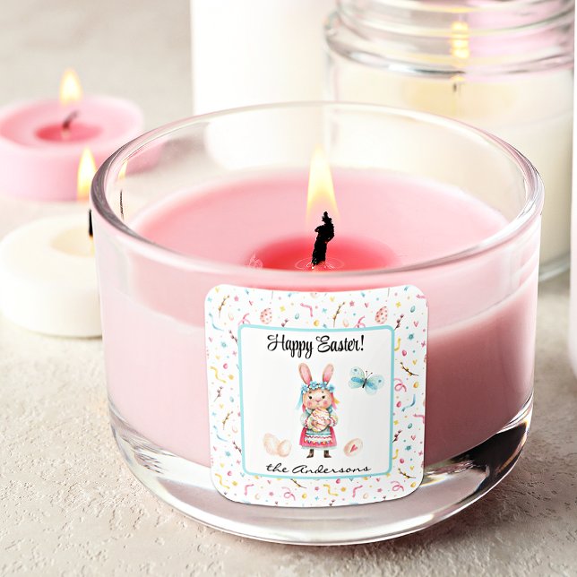 Sticker Carré Nom d'autocollant | Lapine de Pâques joyeuse 1,5 p (Créateur téléchargé)