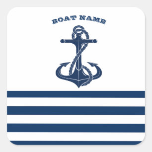 Sticker Carré Nom de bateau nautique, ancre  Rayures bleues et b