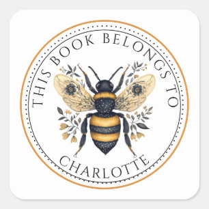 Sticker Carré Nom de bibliothèque florale d'abeille personnalisé