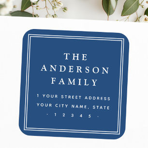 Sticker Carré Nom de famille bordure bleu foncé adresse de retou