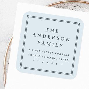 Sticker Carré Nom de famille bordure bleu pâle adresse de retour