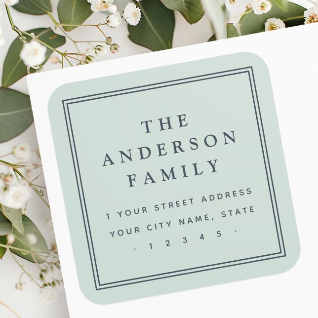 Sticker Carré Nom de famille clair mer poussiéreux vert retour a (Family name light dusty sea green return address square sticker)