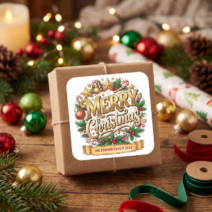 Sticker Carré Nom de famille Noël joyeux Rétro Doré
