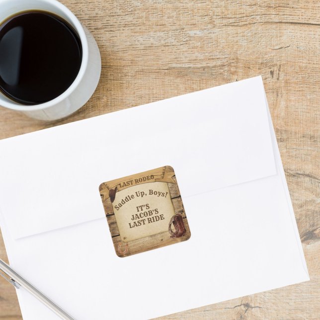 Sticker Carré Nom de la chambre Dernier Rodeo Cowboys Saddle Up  (Groom's Name Last Rodeo Cowboys Saddle Up Boys Square Sticker)