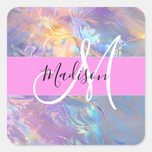 Sticker Carré Nom de monogramme holographique iridescent rose fé